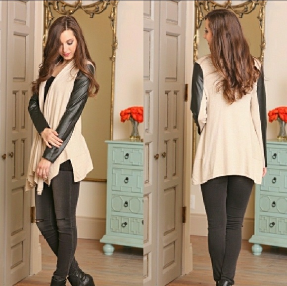 Waterfall Cardigan with Faux Leather Sleeve Detai - Picture 1 of 2